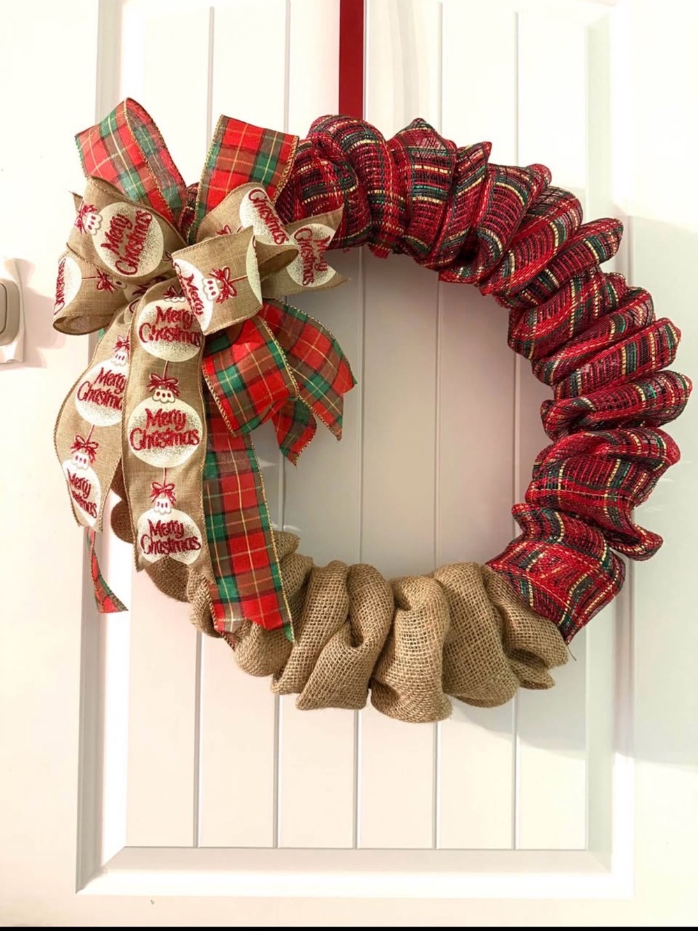 Hand Crafted Red Plaid & Natural Burlap Christmas Wreath